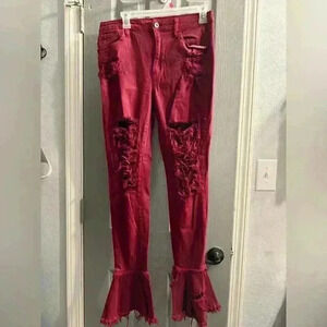 Aphrodite distressed flare leg with raw hem high waisted jeans in burgundy Junio